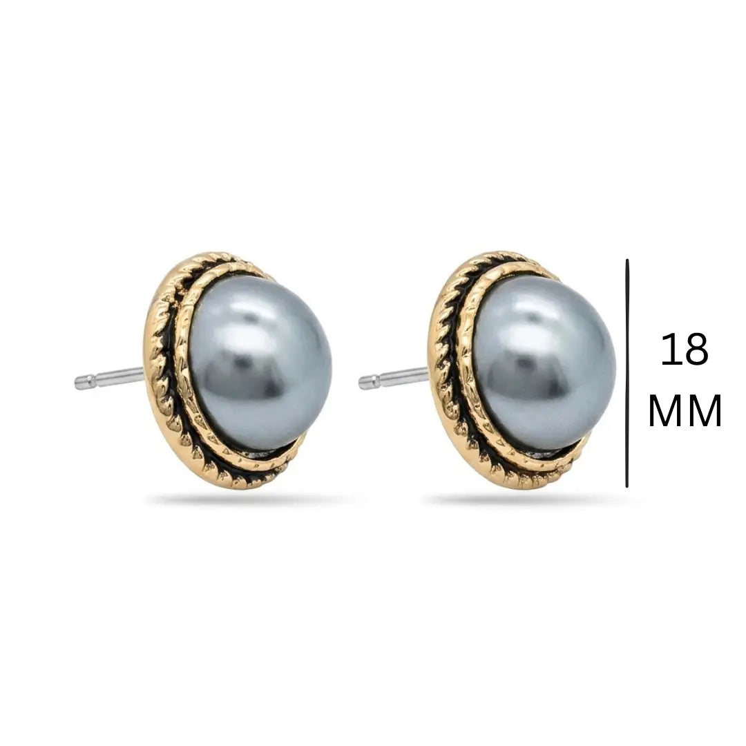18mm Hawaiian Grey Pearl Stud Earrings, Gold Rope Border Tahitian Style Button Earrings
