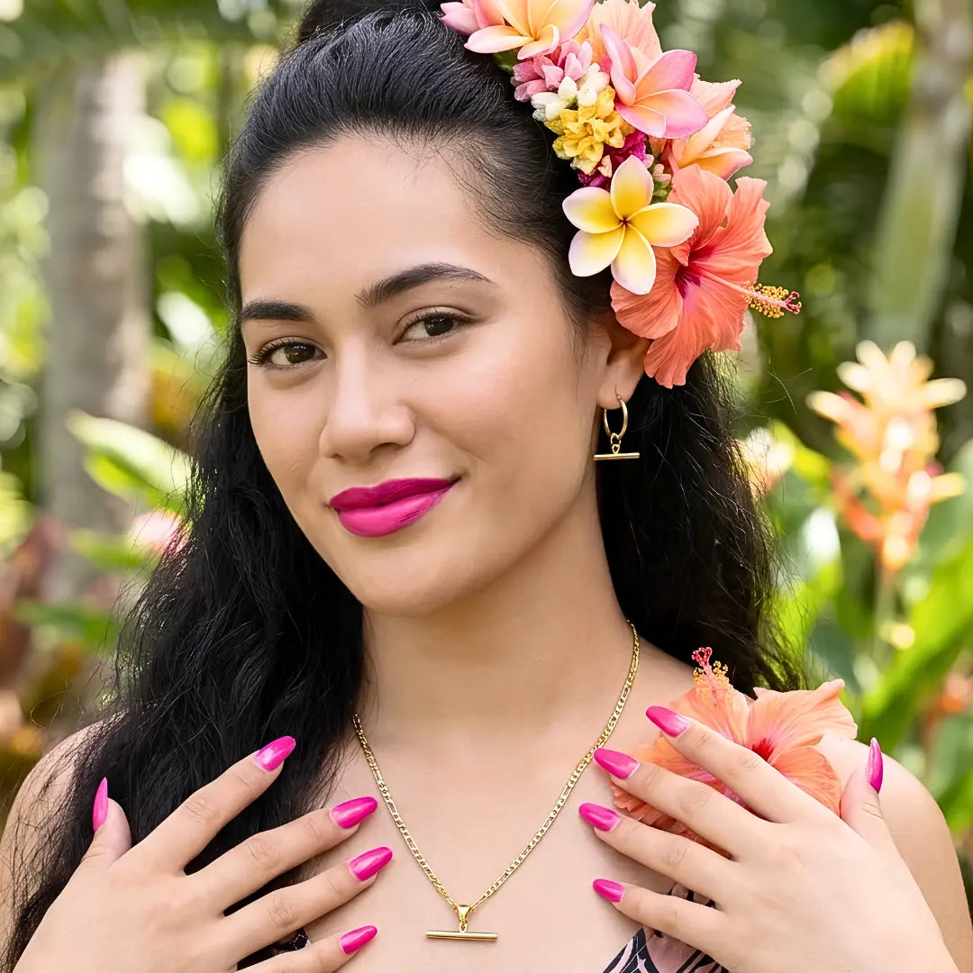 18K Gold Filled Tarnish Proof Hawaiian Figaro Chain Necklace & T-Bar Hoop Earrings Set