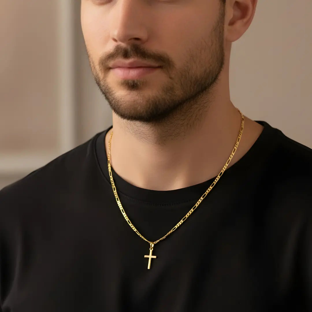 14K Gold Filled Minimalist Latin Cross Pendant Necklace – 58cm 2mm Figaro Chain Classic Faith Necklace for Men & Women