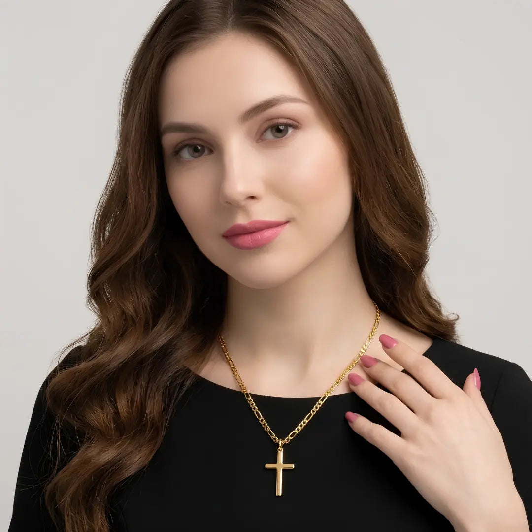 60CM x 4MM 14K Gold Filled Figaro Chain Cross Necklace | Waterproof Tarnish Proof Crucifix Pendant for Men & Women