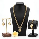 14K Gold Filled Heart Pendant Toggle Clasp Jewelry Set | Tarnish Proof Rolo Chain Necklace, Bracelet & Hoop Earrings