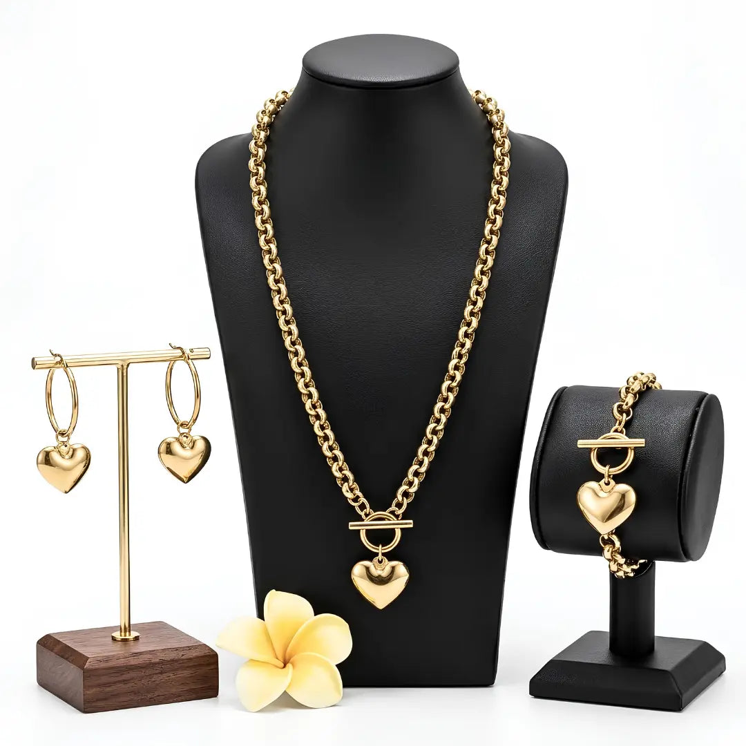 14K Gold Filled Heart Pendant Toggle Clasp Jewelry Set | Tarnish Proof Rolo Chain Necklace, Bracelet & Hoop Earrings