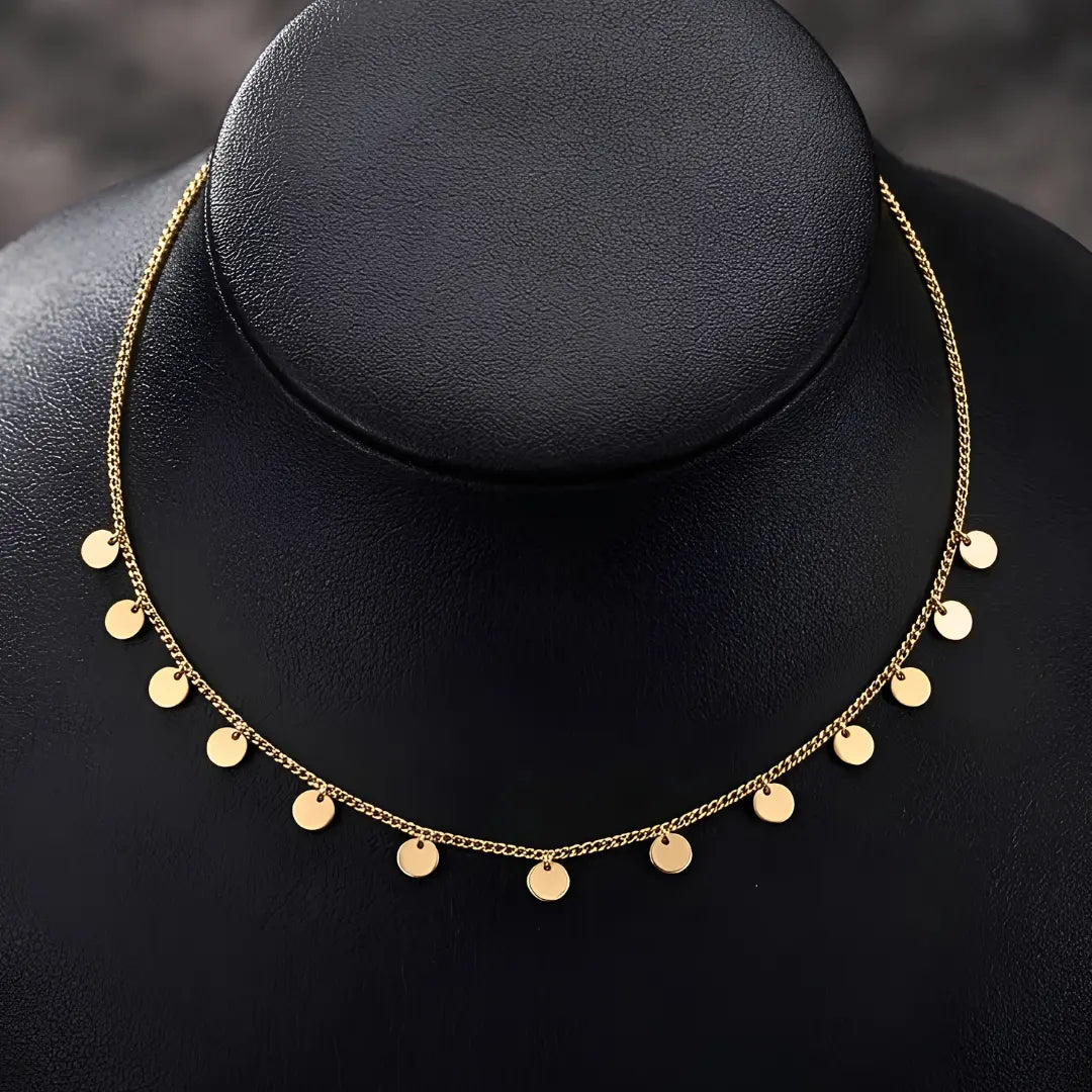 18K Gold Filled Disc Drop Choker Necklace – Tarnish-Proof Dangle Coin Charm Necklace