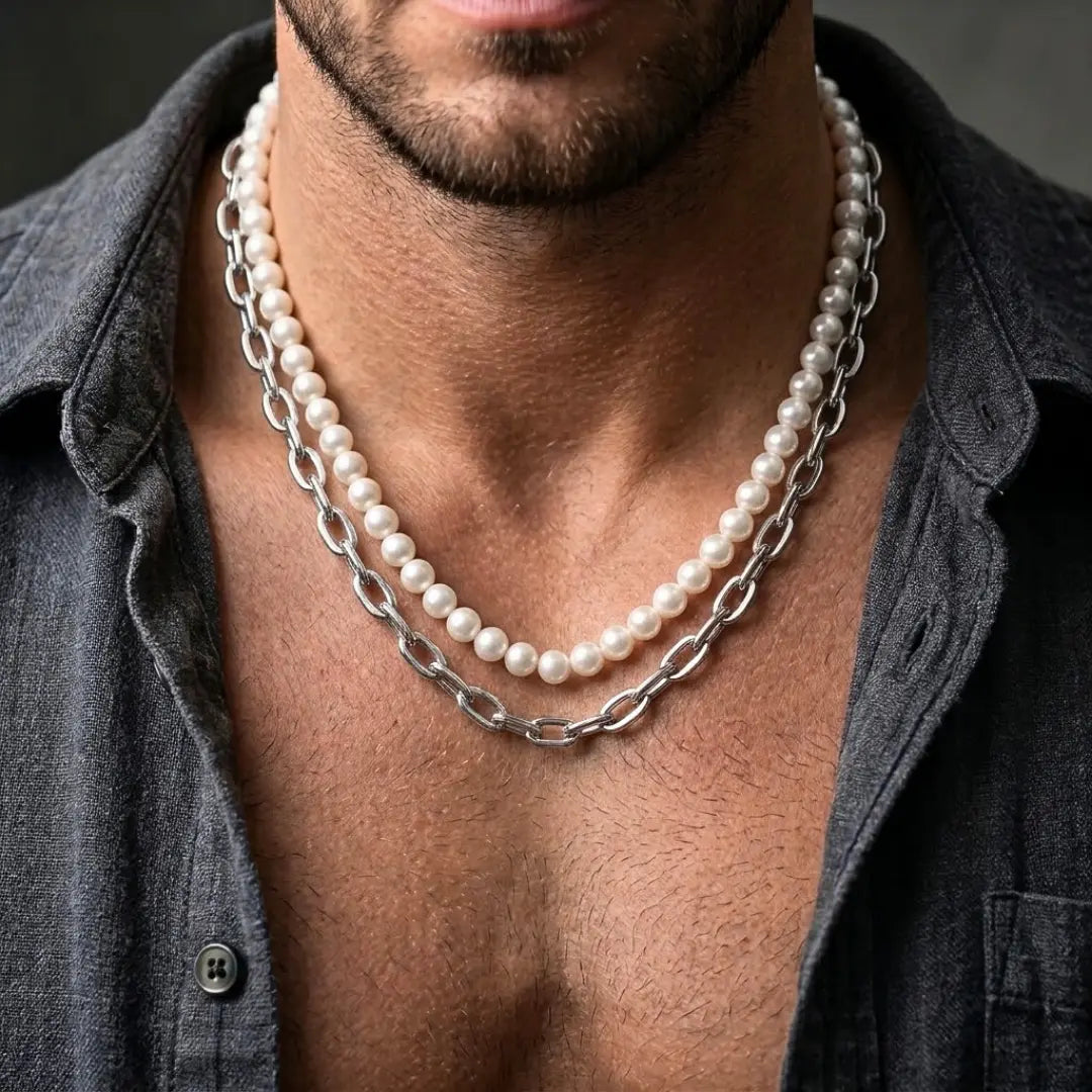 Men's Layered Pearl & Silver Paperclip Chain Necklace Set | Modern Unisex Jewelry