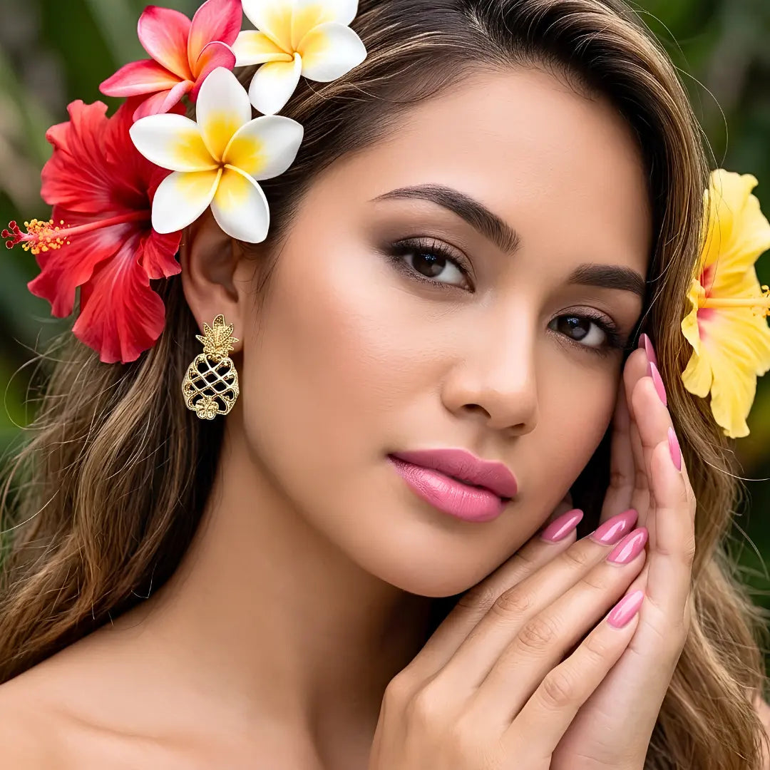 25mm Hawaiian Gold Pineapple Stud Earrings, Tropical Hibiscus Flower Openwork Earrings