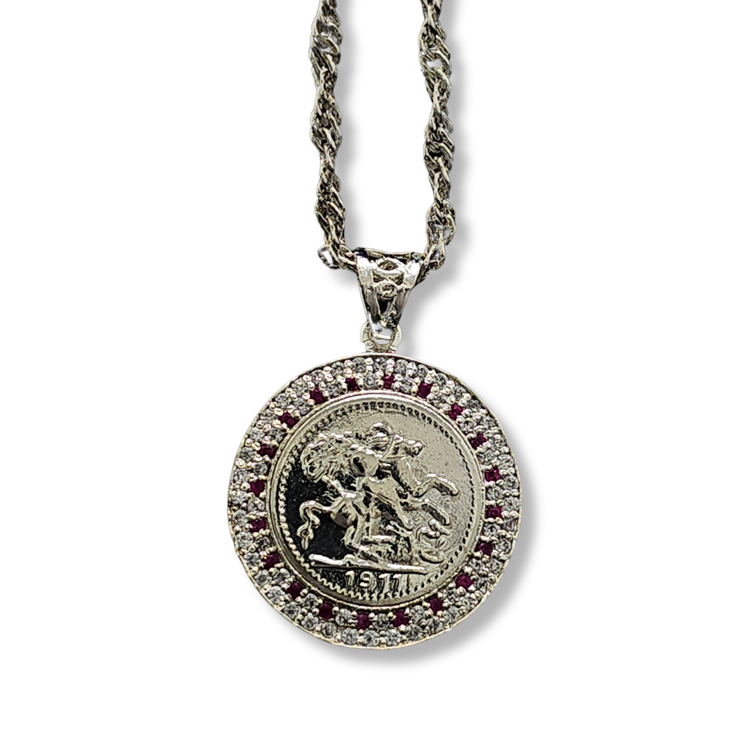 Silver Rhodium Plated Tarnish Free Sovereign Pendant Necklace with Ruby & CZ