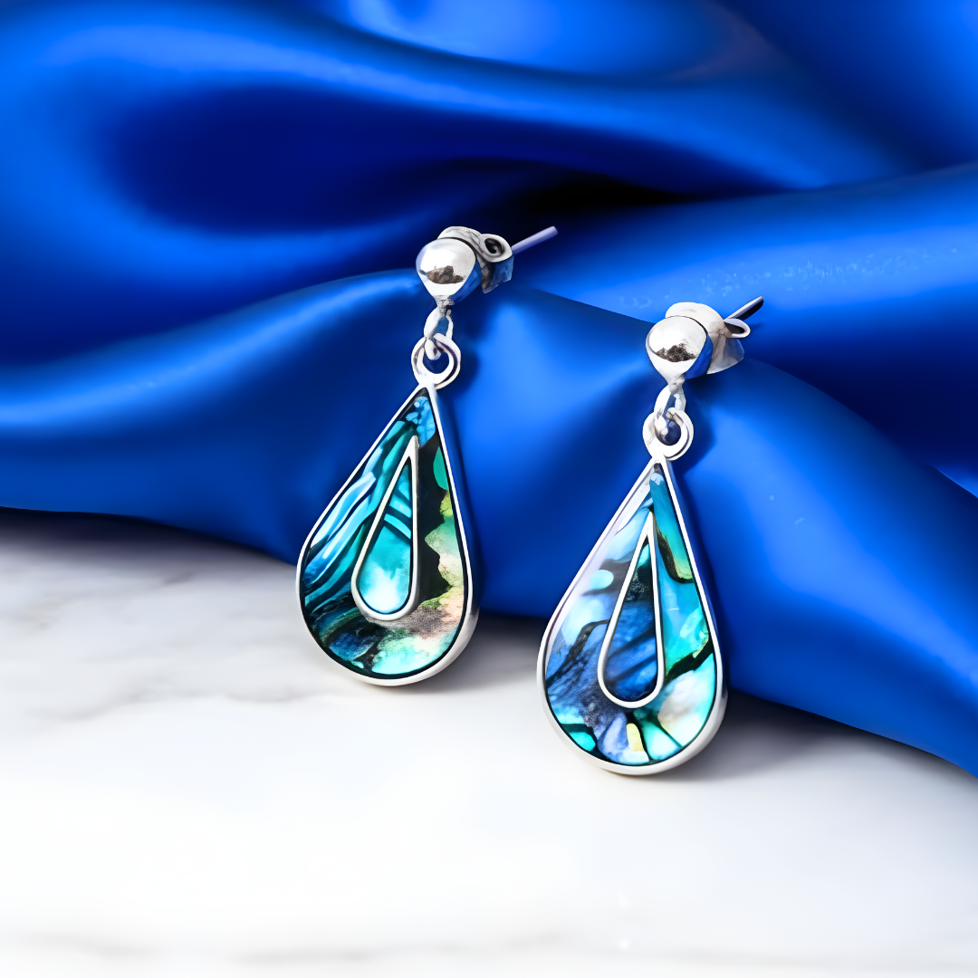 Natural Silver Paua Abalone Shell Teardrop Earrings – Ocean-Inspired Coastal Drop Earrings for Women