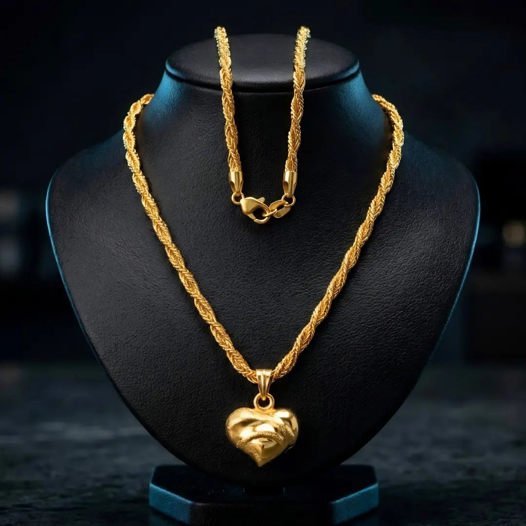 18K Gold Filled Heart Pendant Necklace with 60cm Rope Chain – Tarnish-Proof Luxury Statement Jewelry