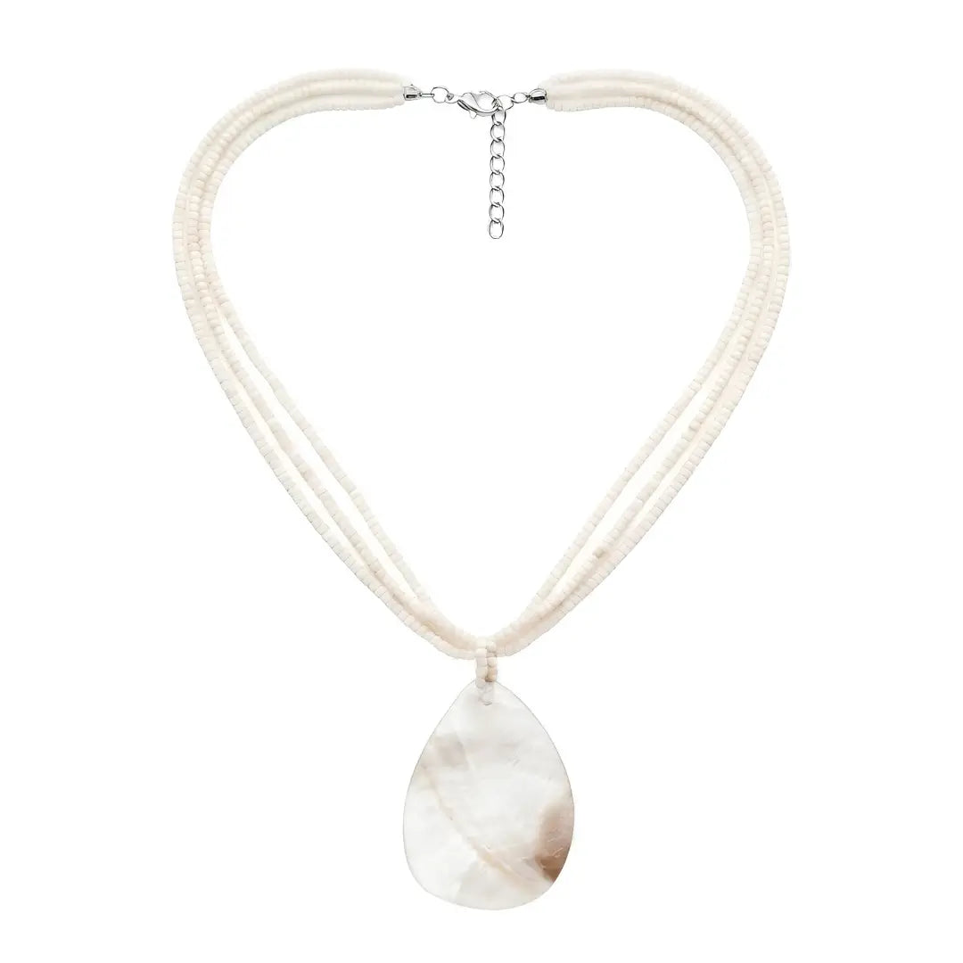 Off-White Beaded Strands Necklace with Natural Oval Mother of Pearl Pendant