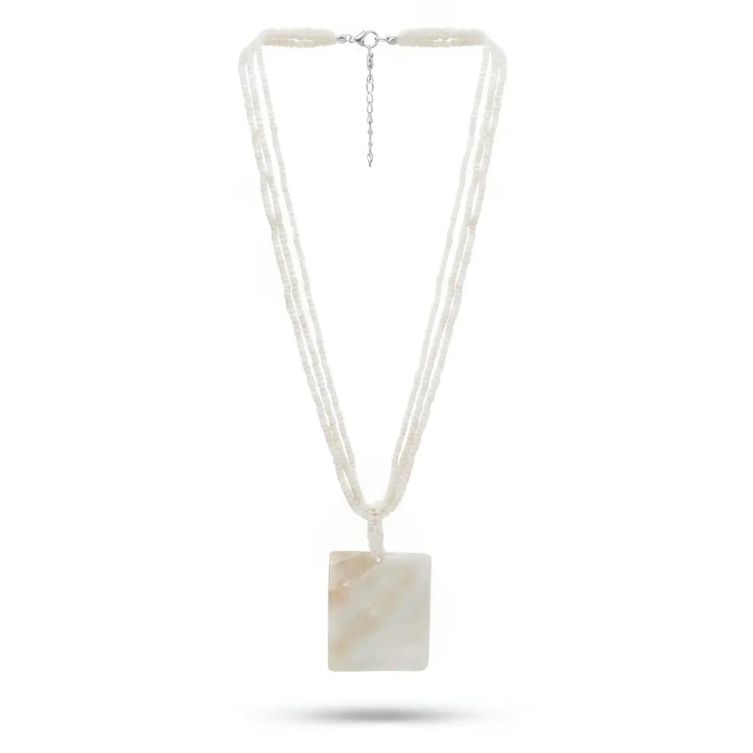 Off-White Beaded Strands Necklace with Natural Square Mother of Pearl Pendant