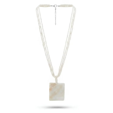 Off-White Beaded Strands Necklace with Natural Square Mother of Pearl Pendant
