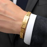 18K Gold Filled Script ID Bar Franco Chain Bracelet – Engraved Cursive Bar Franco Mesh Link Bracelet for Men