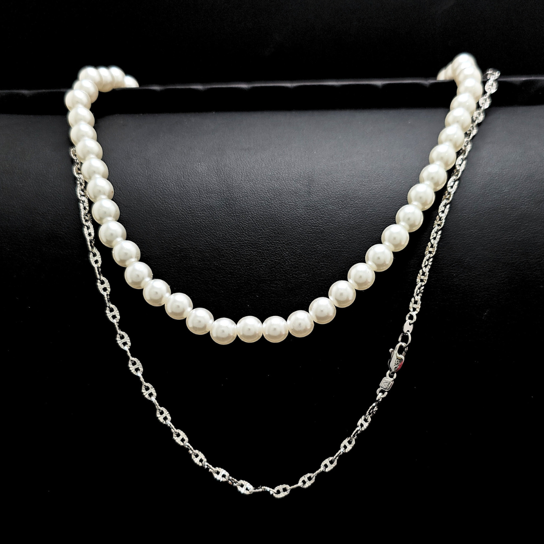 Silver Rhodium Plated Chain & Pearl Duo