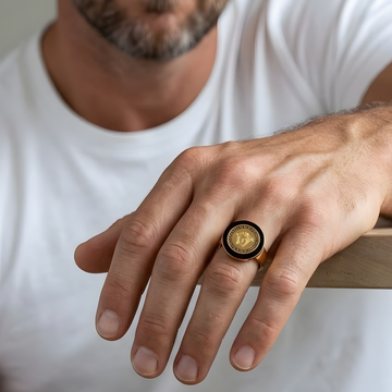 18K Gold Filled Medusa Head Ring – Black Enamel Greek Key Medallion Ring