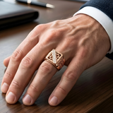 18K Rose Gold Filled Filigree Square Signet CZ Ring – Openwork Scrollwork Diagonal Pavé Statement Ring for Men & Women