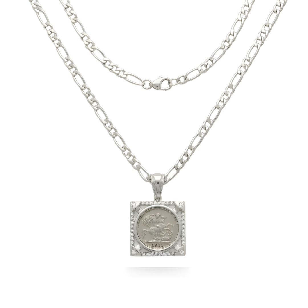 Silver Rhodium Plated Square Sovereign Pendant Necklace – 1911 St. George Coin with CZ Bezel