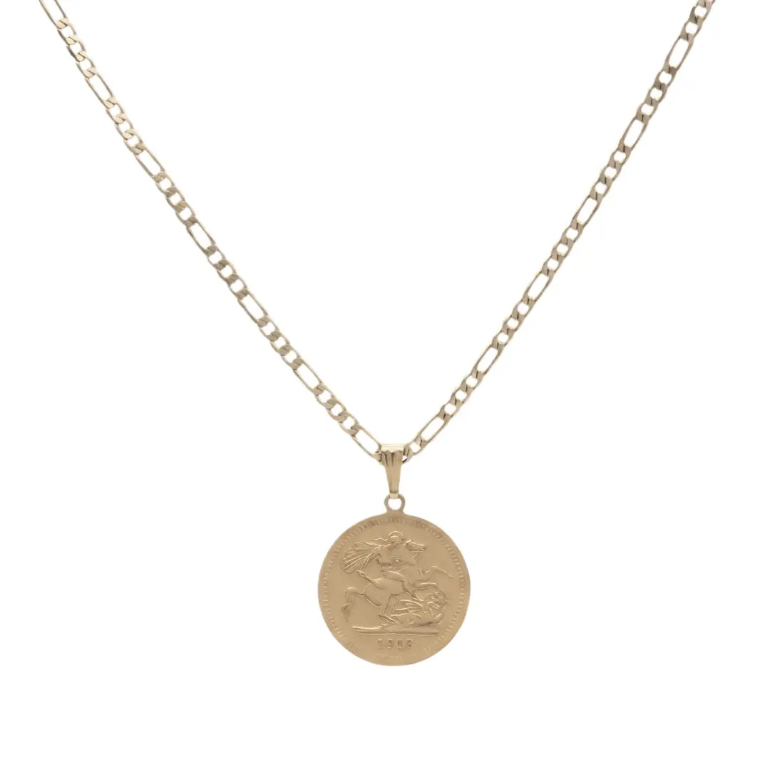 18K Gold Filled 1918 Sovereign Coin Pendant Necklace (60cm Figaro Chain) – Tarnish-Proof Luxury Statement Jewelry
