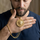 18K Gold Filled Medusa Head Pendant Necklace – Large Greek Key Circular Medallion Rope Chain Necklace for Men & Women
