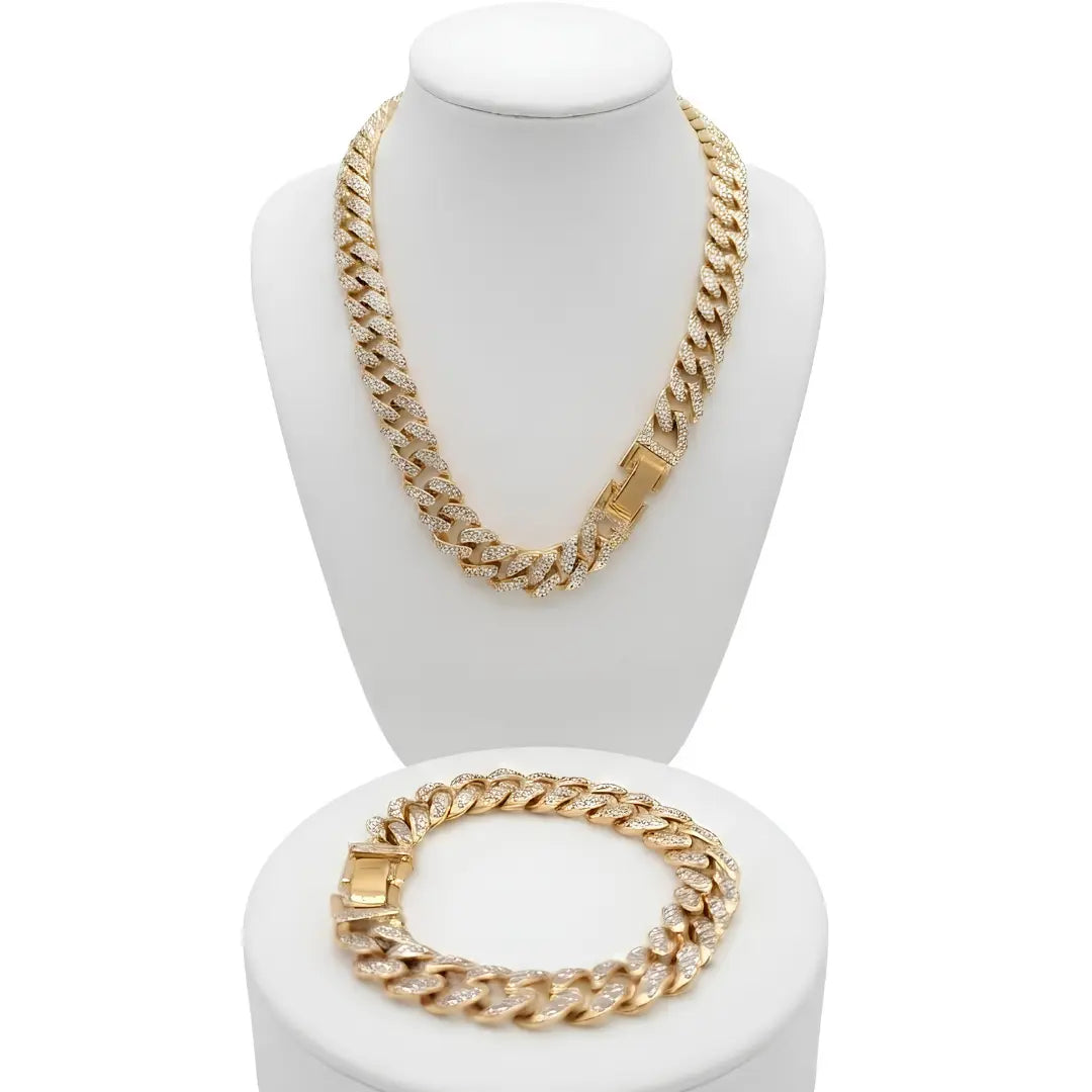 18K Gold Filled Iced-Out Cuban Link Chain Necklace & Bracelet Set (12mm) – Pavé Diamond-Style Luxury Jewelry