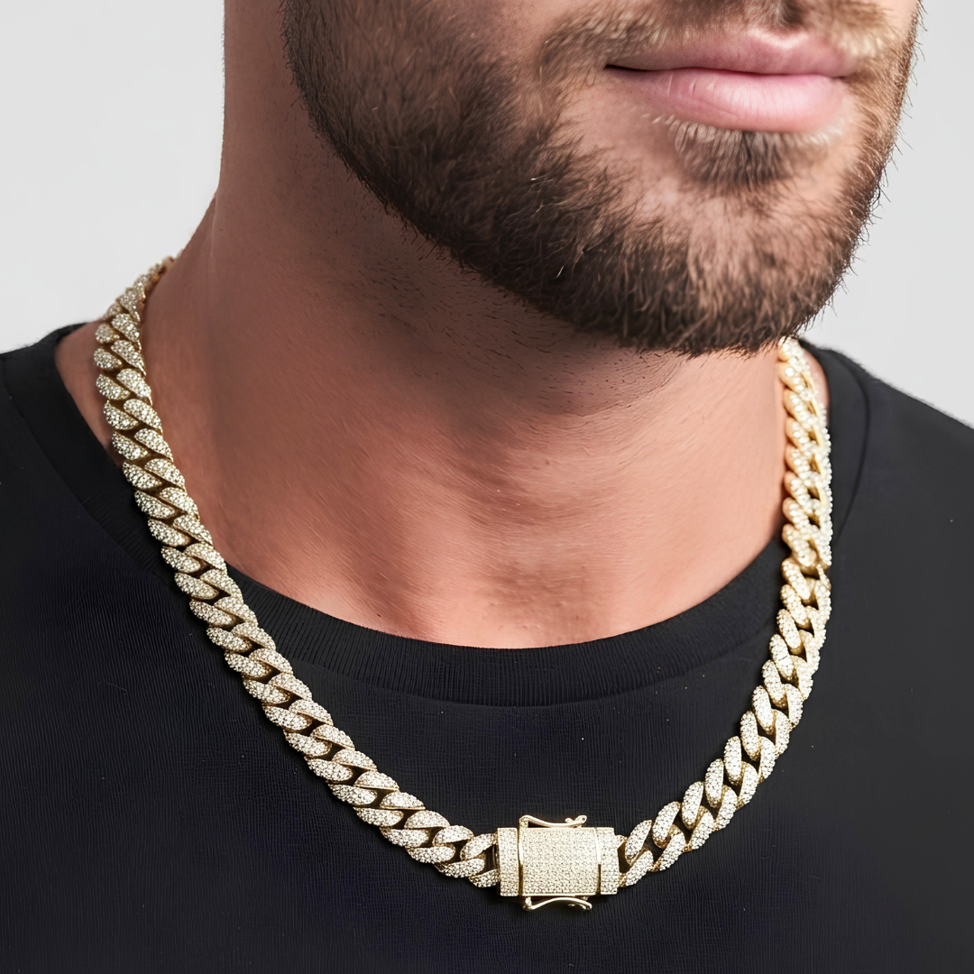 18K Gold Filled Iced-Out Cuban Link Chain Necklace (12mm x 45cm) – Pavé Diamond-Style Luxury Jewelry