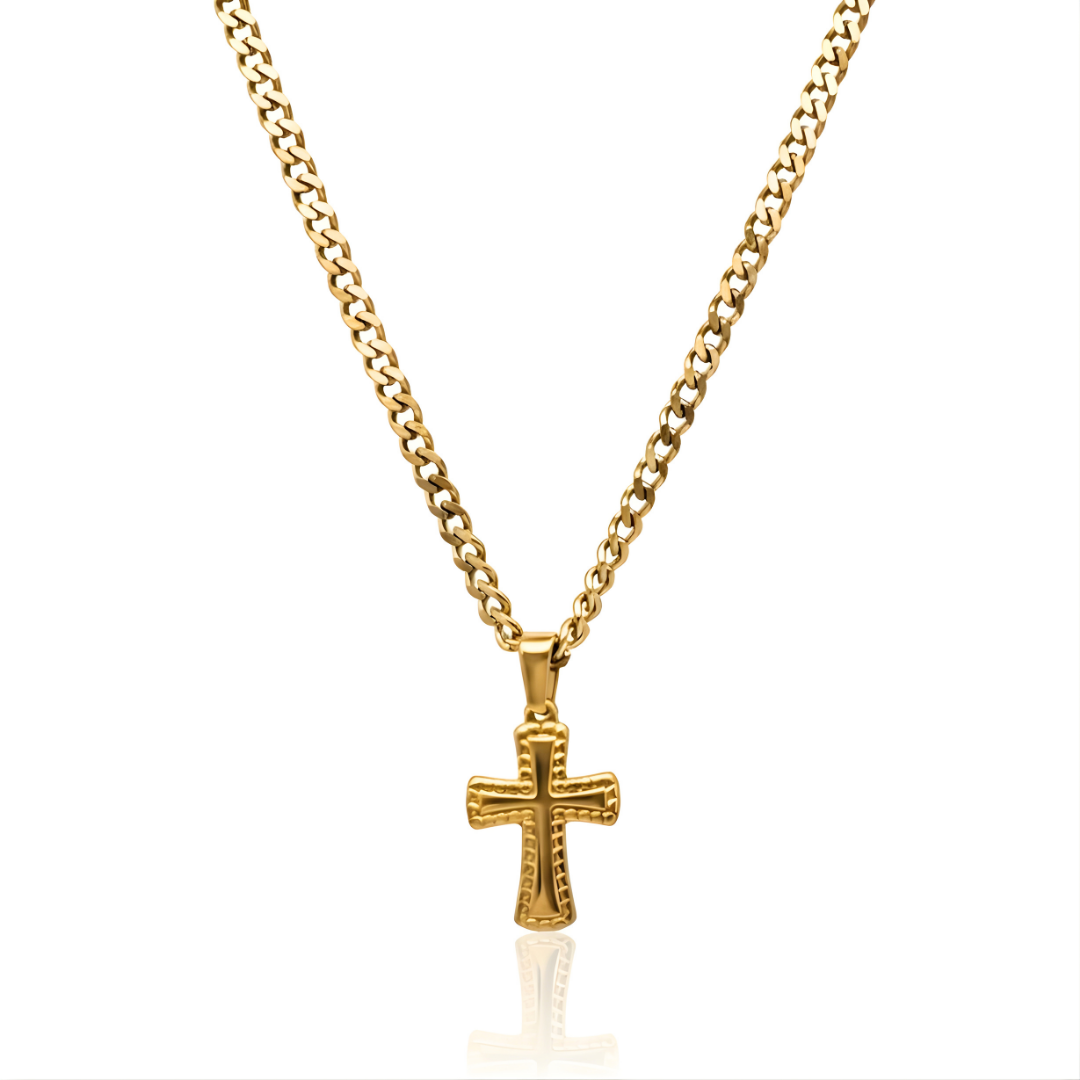 18K Gold Filled Cross Pendant Necklace with Cuban Link Chain