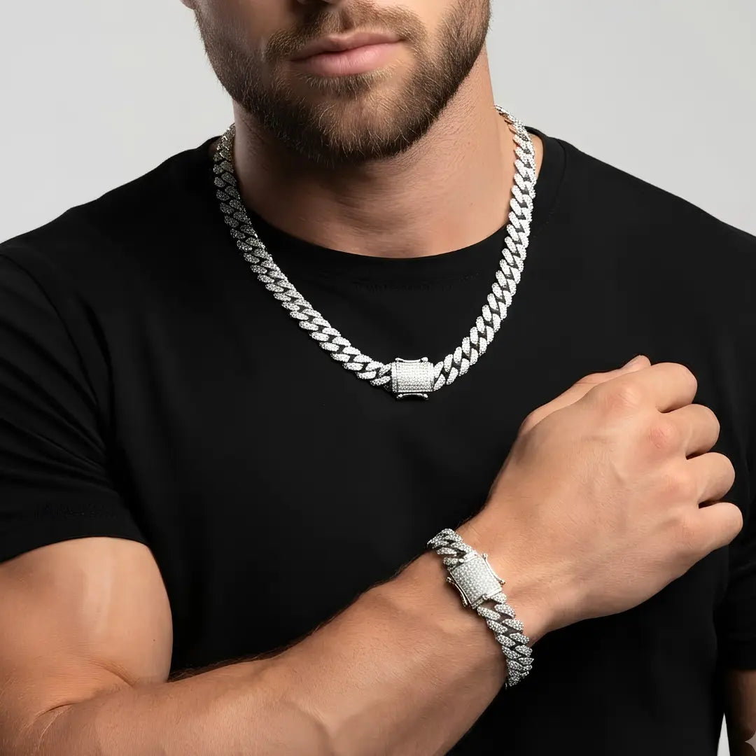Silver Iced-Out Cuban Link Chain & Bracelet Set (12mm x 40cm Necklace) – Pavé Diamond-Style Luxury Jewelry