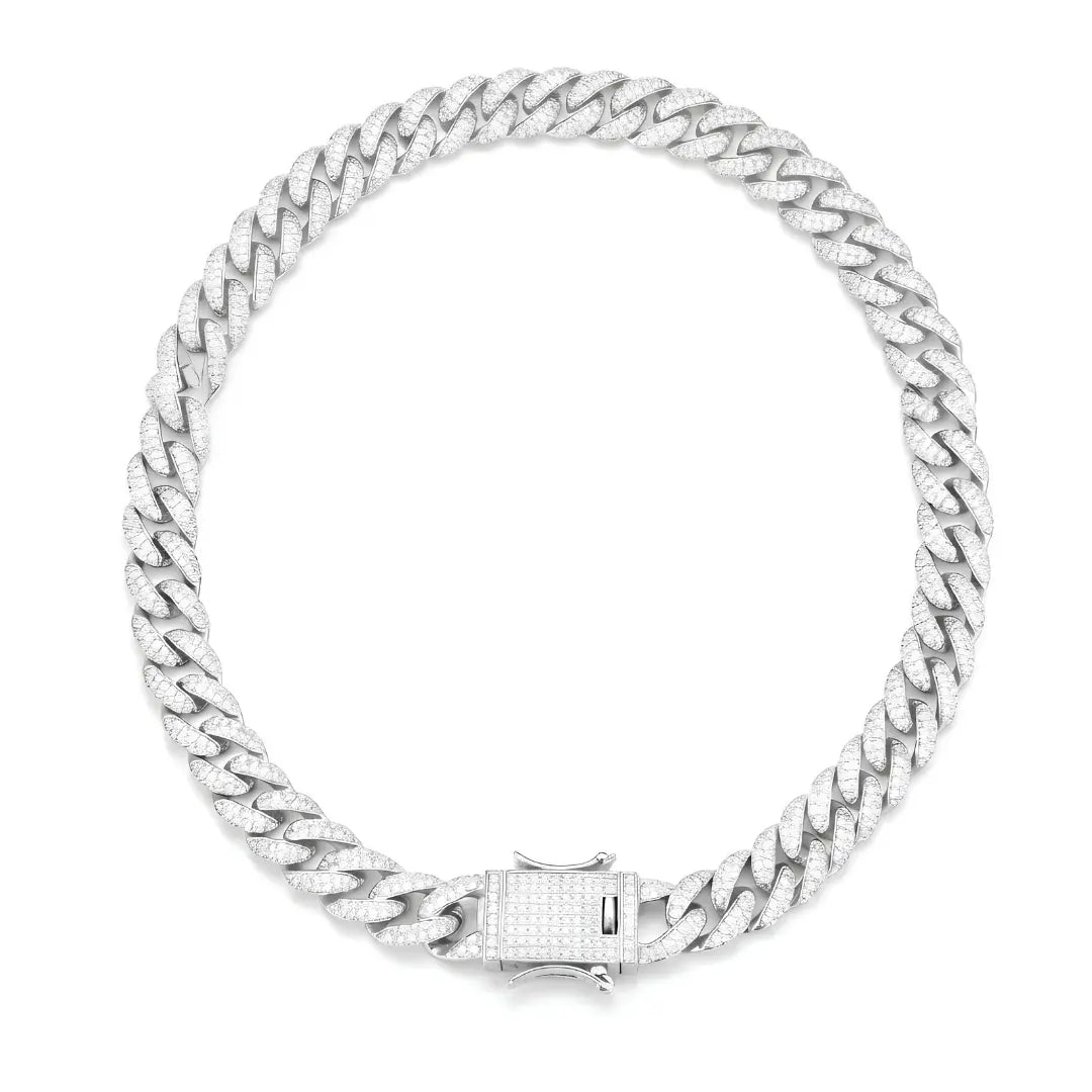 Silver Iced-Out Cuban Link Chain Necklace (12mm x 60cm) – Pavé Diamond-Style Luxury Jewelry