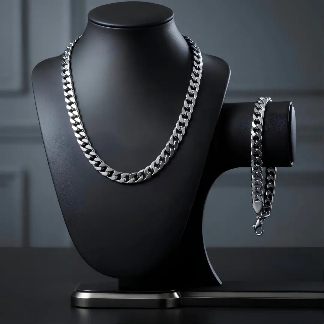 Silver Curb Cuban Link Chain & Bracelet Set (12mm x 60cm) – Heavyweight Statement Jewelry