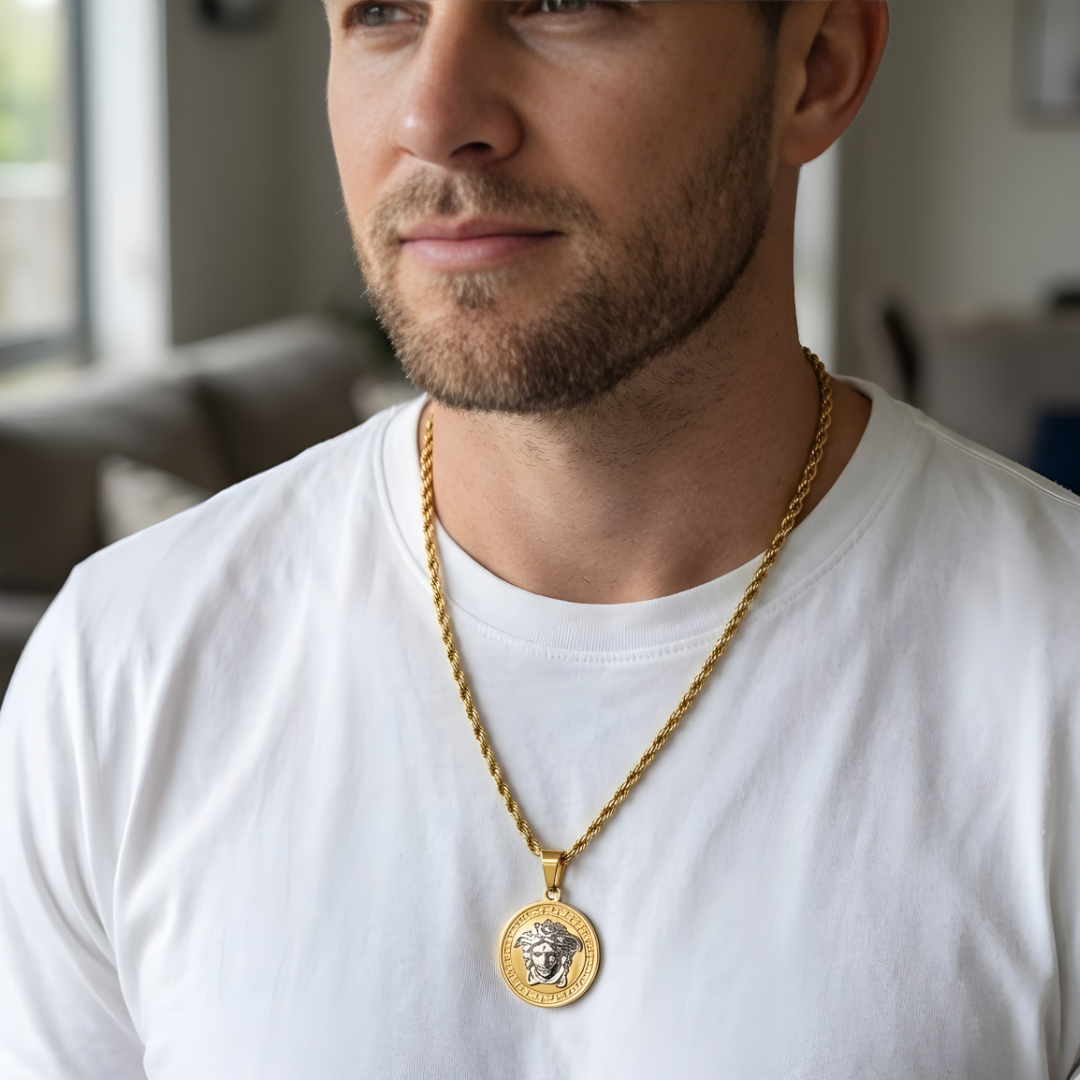 18K Gold Filled Dual Tone Greek Medusa Head Pendant Necklace – 25mm Medallion with Rope Chain