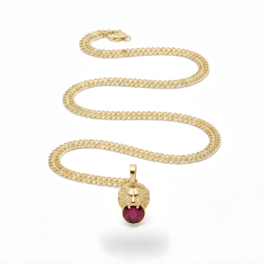 18K Gold Filled Lion Head Ruby Gemstone Pendant Necklace – Sculpted 3D Lion Holding Oval Ruby CZ Curb Chain Necklace for Men & Women