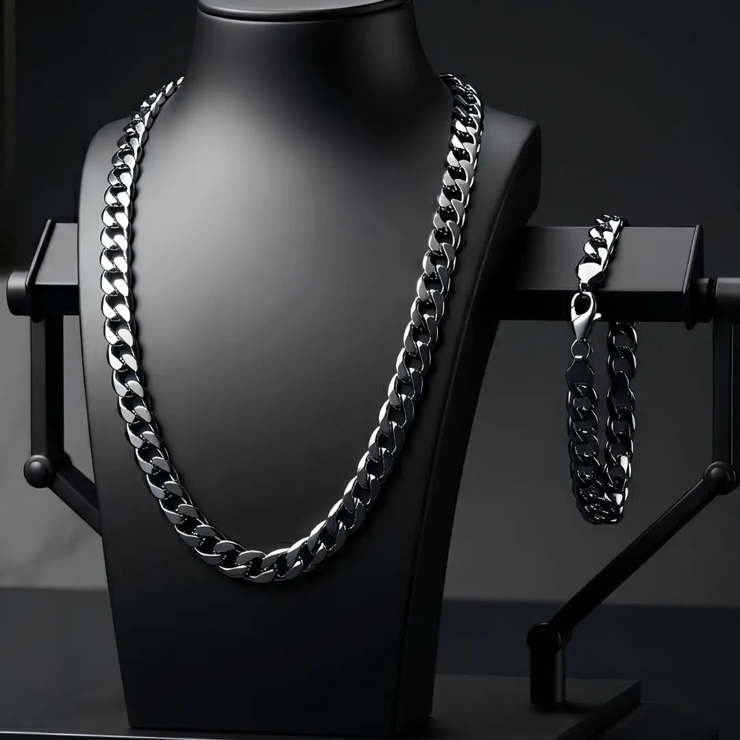Silver Flat Cuban Link Chain & Bracelet Set (8mm x 60cm) – Tarnish-Resistant Modern Statement Jewelry