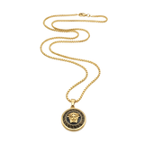 18K Gold Filled Iconic Greek Medusa Head Pendant Necklace – 20mm Black Enamel Medallion with Box Chain