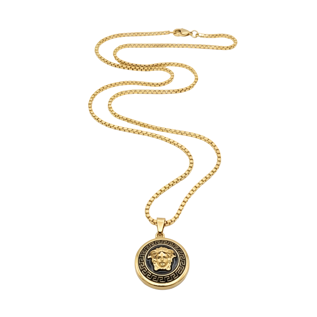 18K Gold Filled Iconic Greek Medusa Head Pendant Necklace – 20mm Black Enamel Medallion with Box Chain