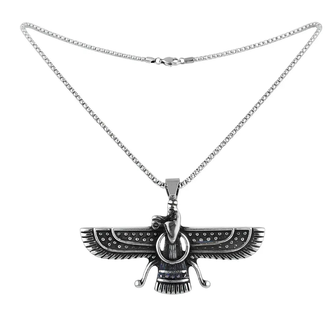 Faravahar Pendant Necklace – Oxidized Stainless Steel (50cm) – Ancient Persian Heritage Statement Jewelry