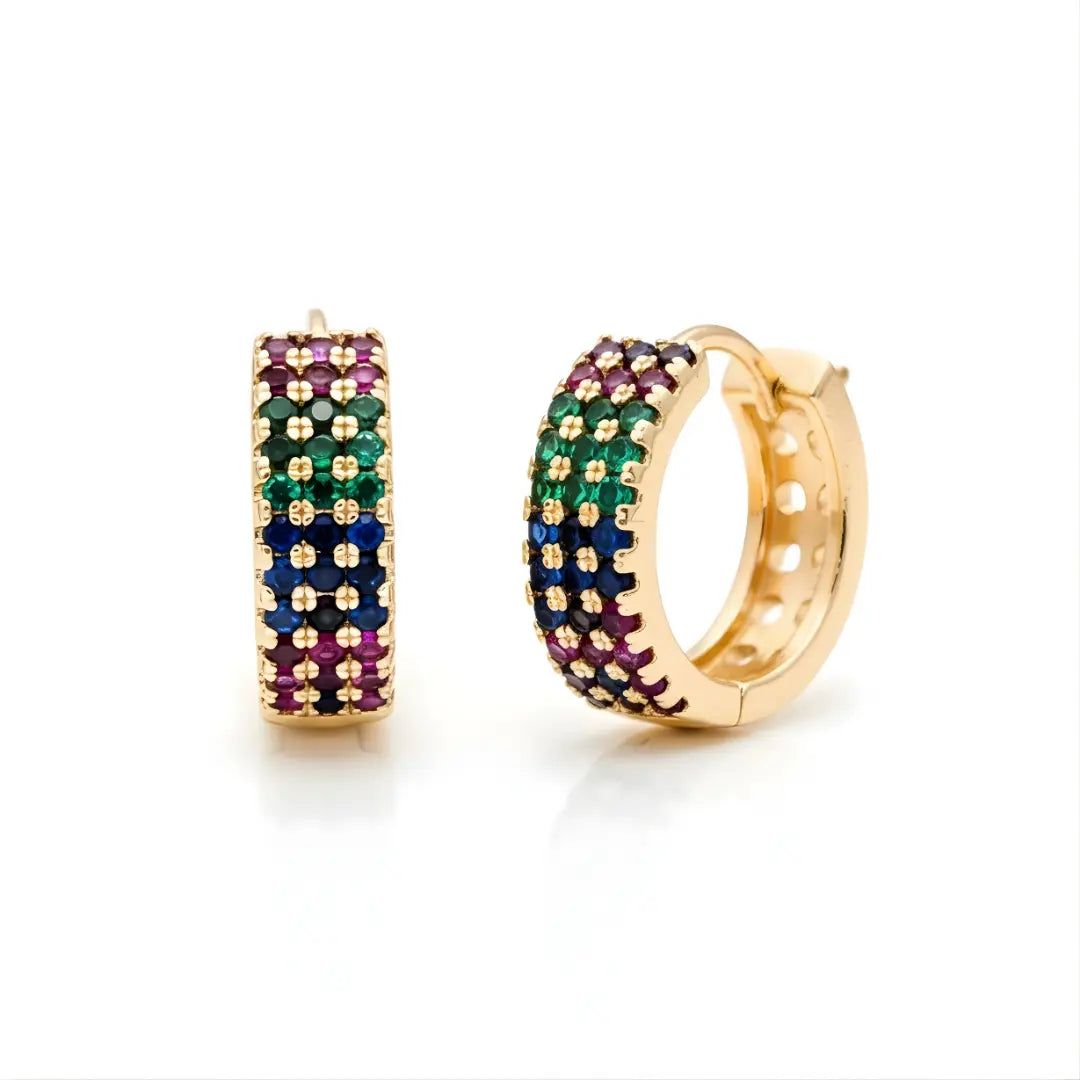 18K Gold Filled Multicolored Rainbow CZ Huggie Hoop Earrings – Wide Triple-Row Gemstone Hoops