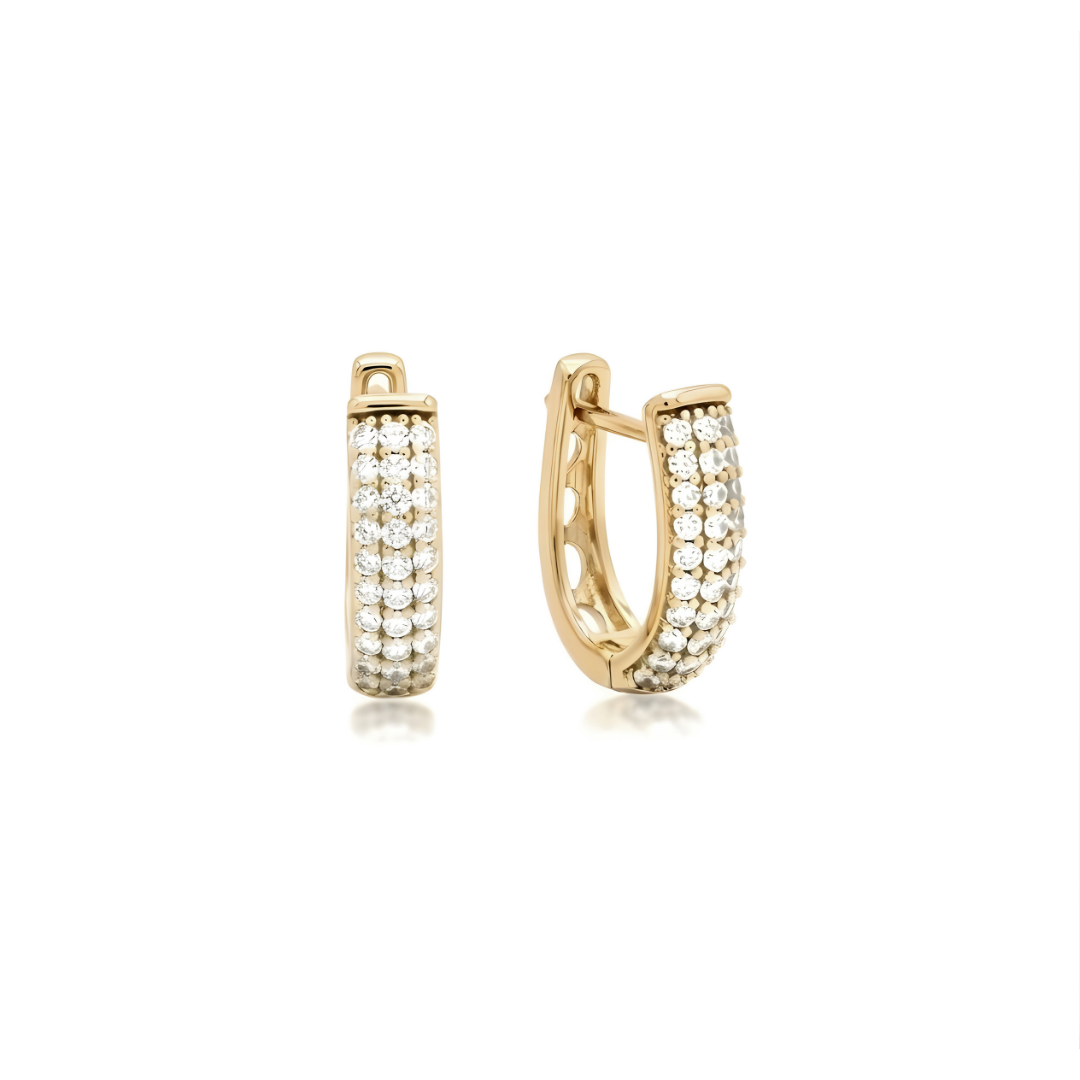 18K Gold Filled Triple-Row Micro-Pavé CZ Huggie Earrings – Sparkling Cubic Zirconia Huggie Hoop Earrings for Women