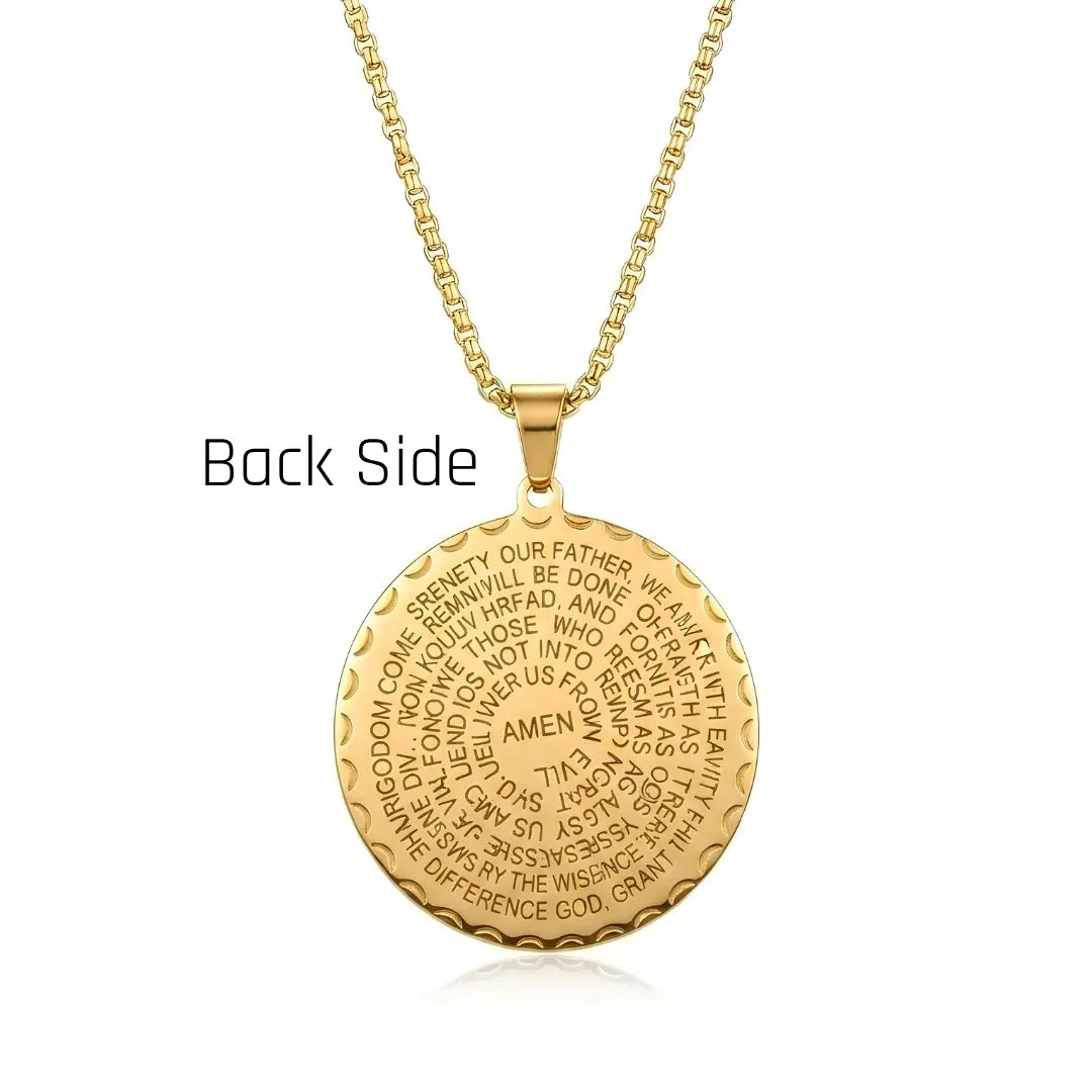 Serenity Prayer & Praying Hands Medallion Necklace (Black, Gold & Silver Tone) – 52cm Belcher Chain