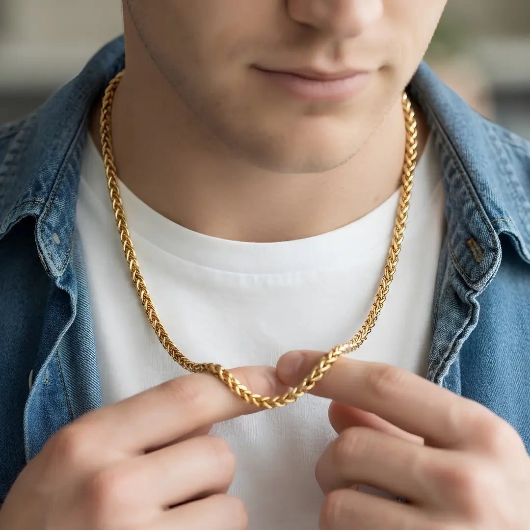 Gold & Silver Tone Wheat Spiga Chain Necklace (6mm x 50cm) – Bold Braided Statement Jewelry [skujdzlukebox3]