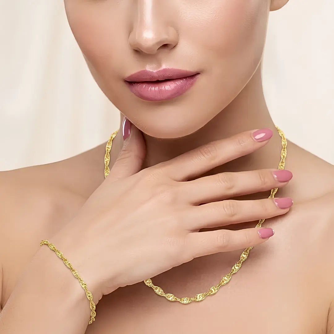 18K Gold Filled Twisted Singapore Wave Chain Necklace & Bracelet Set