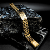 18K Gold Filled Crown Insignia ID Bar Franco Chain Bracelet – Embossed Crown & Logo Woven Mesh Bracelet for Men