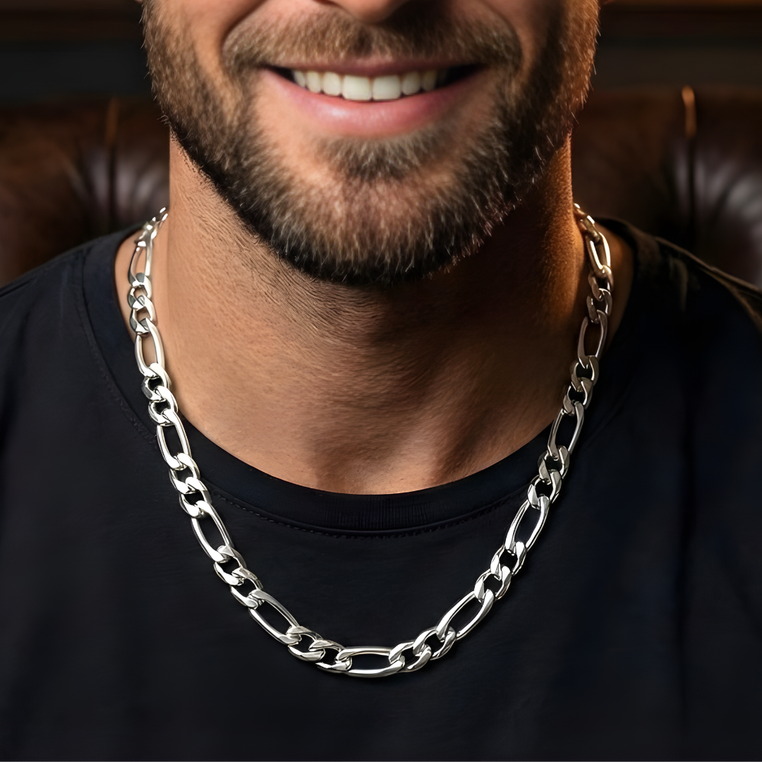 Silver Stainless Steel Heavyweight Figaro Link Chain Necklace (50cm x 8mm) – Flat-Bevel Silver Chain for Men & Women
