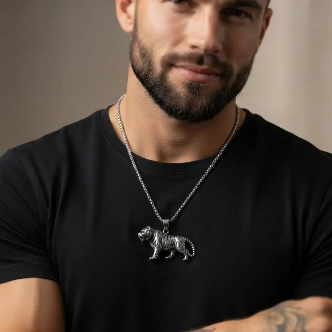 Stainless Steel Tiger Pendant Necklace for Men (52cm) – Bold Prowling Tiger Statement Jewelry
