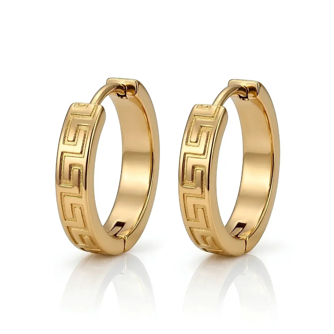18K Gold Filled Tarnish-Proof Greek Key Huggie Hoop Earrings