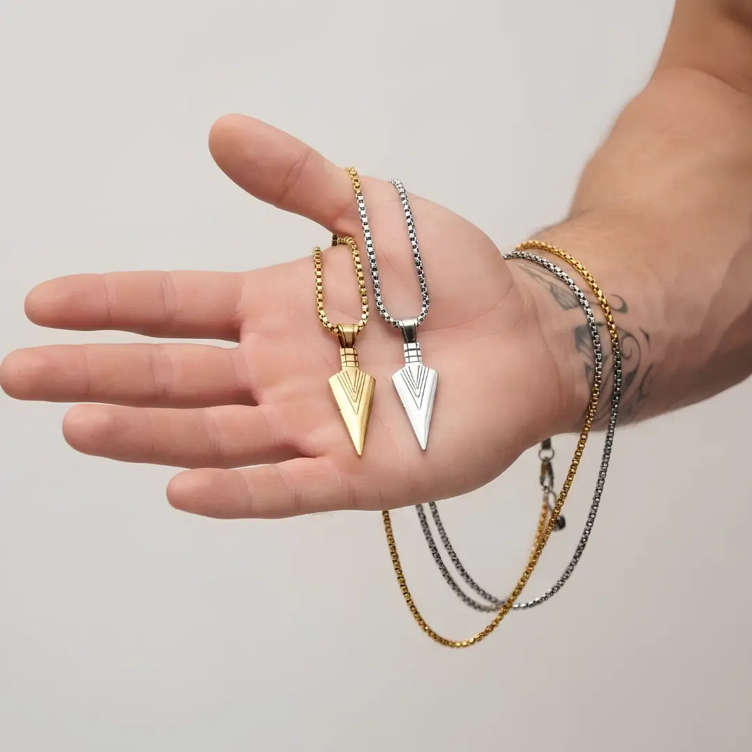 Arrowhead Pendant Necklace with Box Chain (Gold, Silver & Black Tone) – 52cm Geometric Statement Jewelry