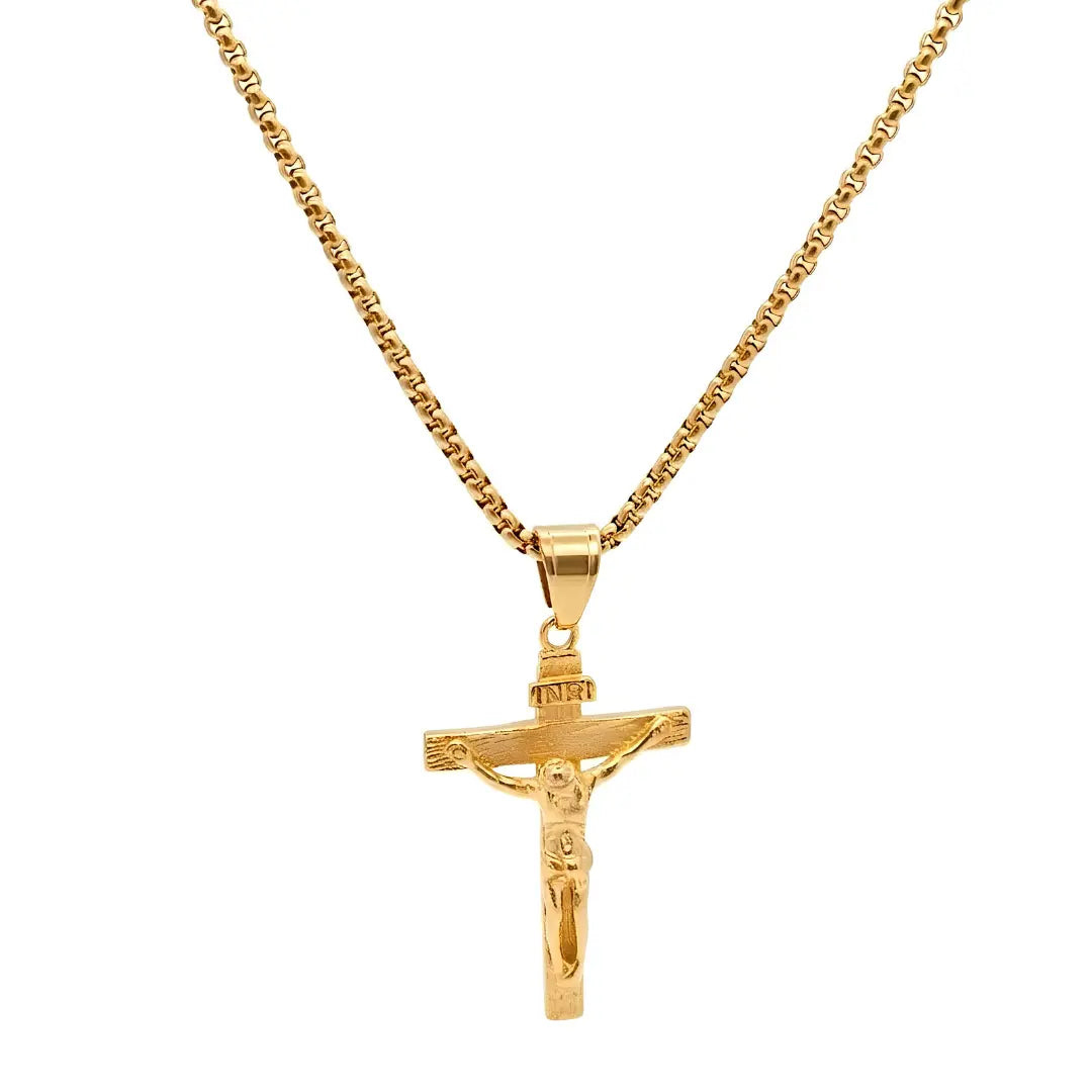Stainless Steel Crucifix Cross Pendant Necklace with 60cm Box Chain – Tarnish-Proof Unisex INRI Christian Jewelry