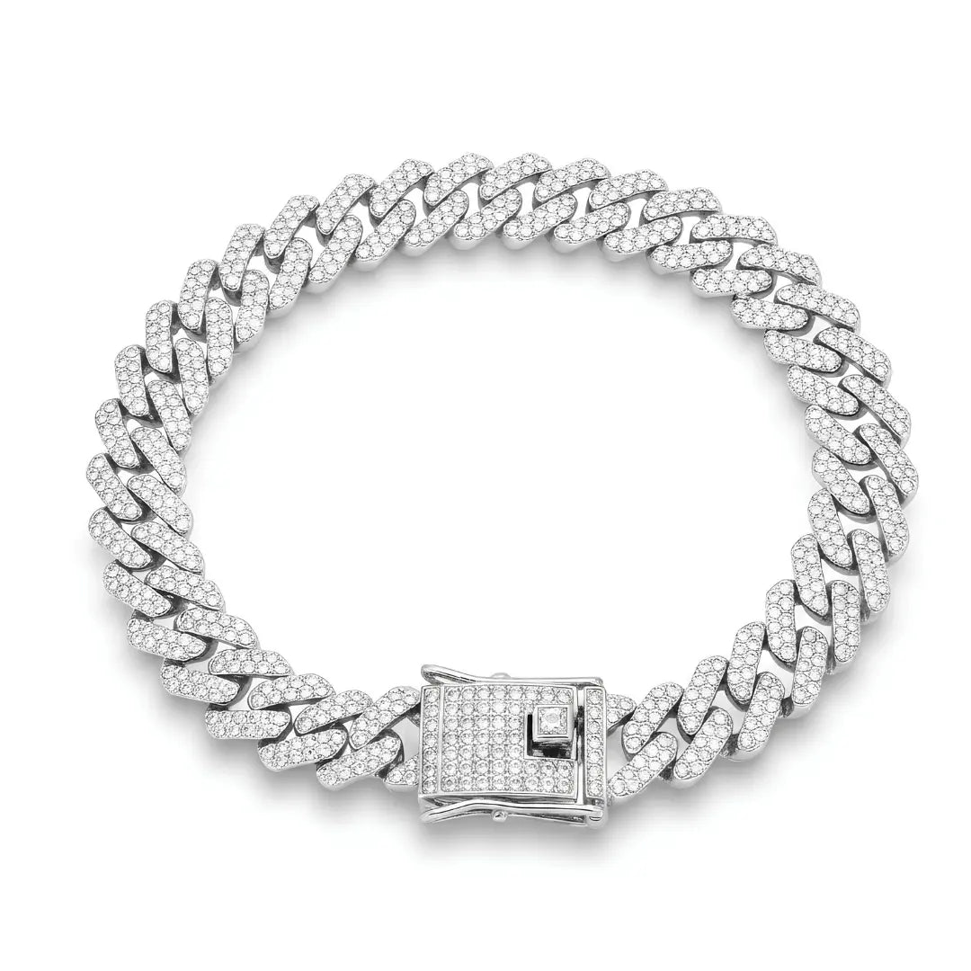 Silver Iced-Out Cuban Link Bracelet (18cm / 10mm) – Pavé Crystal Statement Wristband with Double Safety Clasp