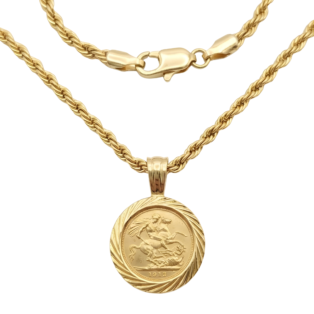 18K Gold Filled 1913 Sovereign Coin Pendant Necklace 24mm