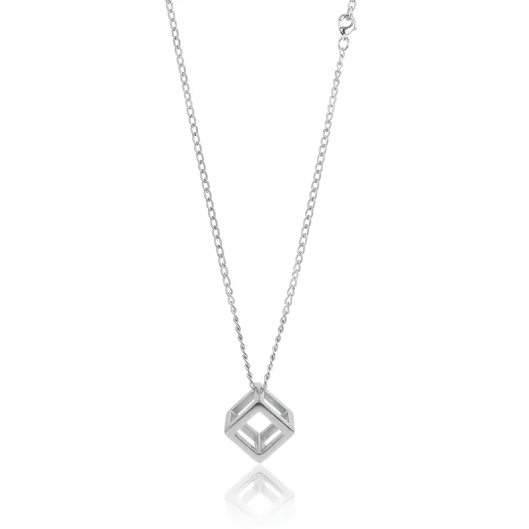 Geometric Cube Pendant Necklace – 60cm 3mm Curb Chain in Silver & Black