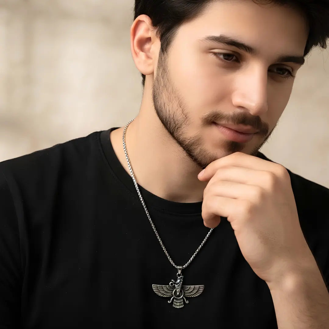 Faravahar Pendant Necklace – 60cm Box Chain Zoroastrian Symbol Jewelry