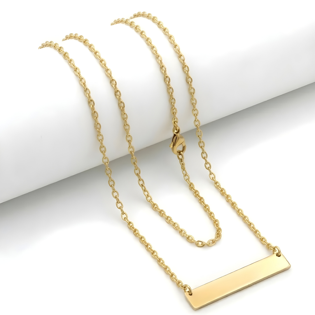 18K Gold Filled Horizontal Bar Pendant Necklace – Sleek Engravable Minimalist Gold Necklace for Women